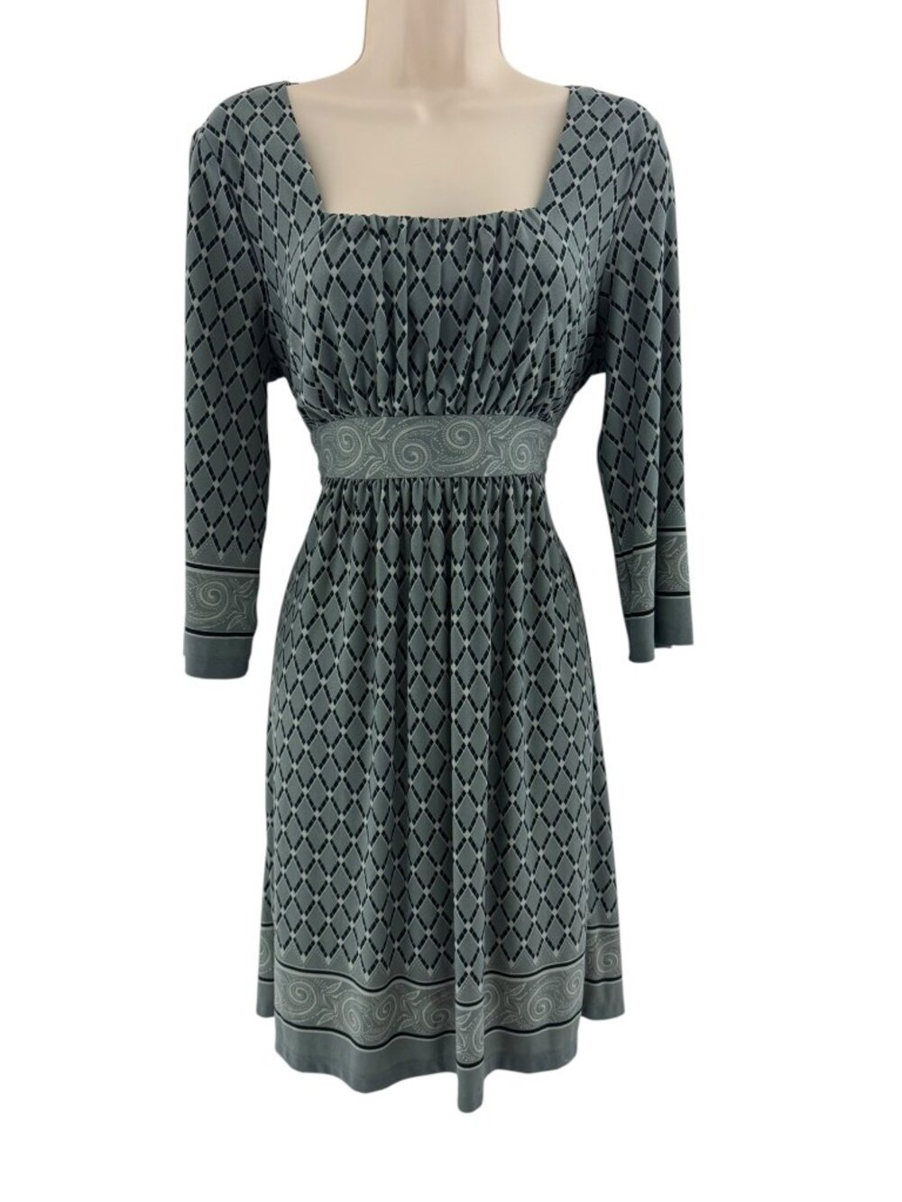 Sweet Storm Gray Geometric Paisley Prints Square Neck Dress w/Tie Size L Stretch